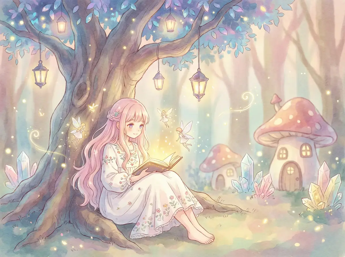 欧美在线观看视频日韩 - 魔法森林中阅读故事书的粉发少女与精灵